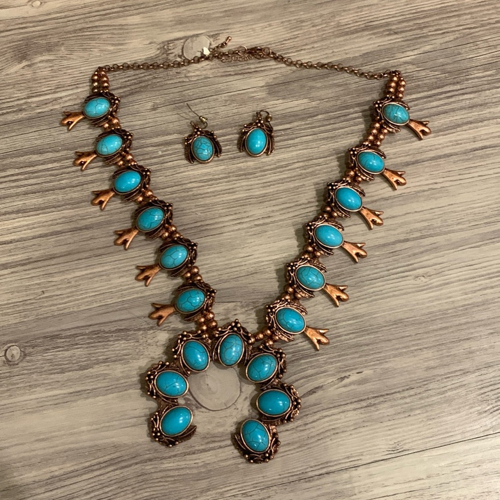 Large Faux turquoise and copper squash blossom necklace and matching earrings